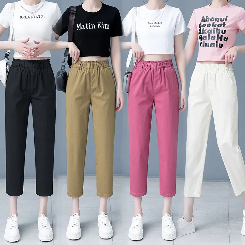 カジュアルハーラン女性パンツ2023新しいゆるい固形色のカプリスパンツは薄い綿シルク大根のズボンを表示