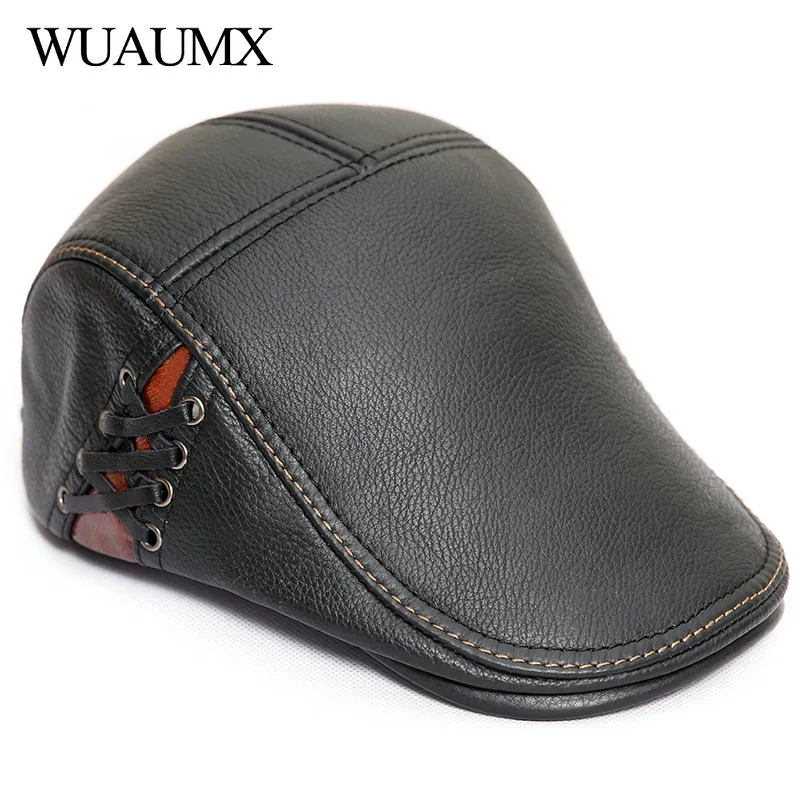 Wuaumx marchio di lusso berretti di cuoio genuino per uomini berretti da uomo inverno berretti da uomo papà