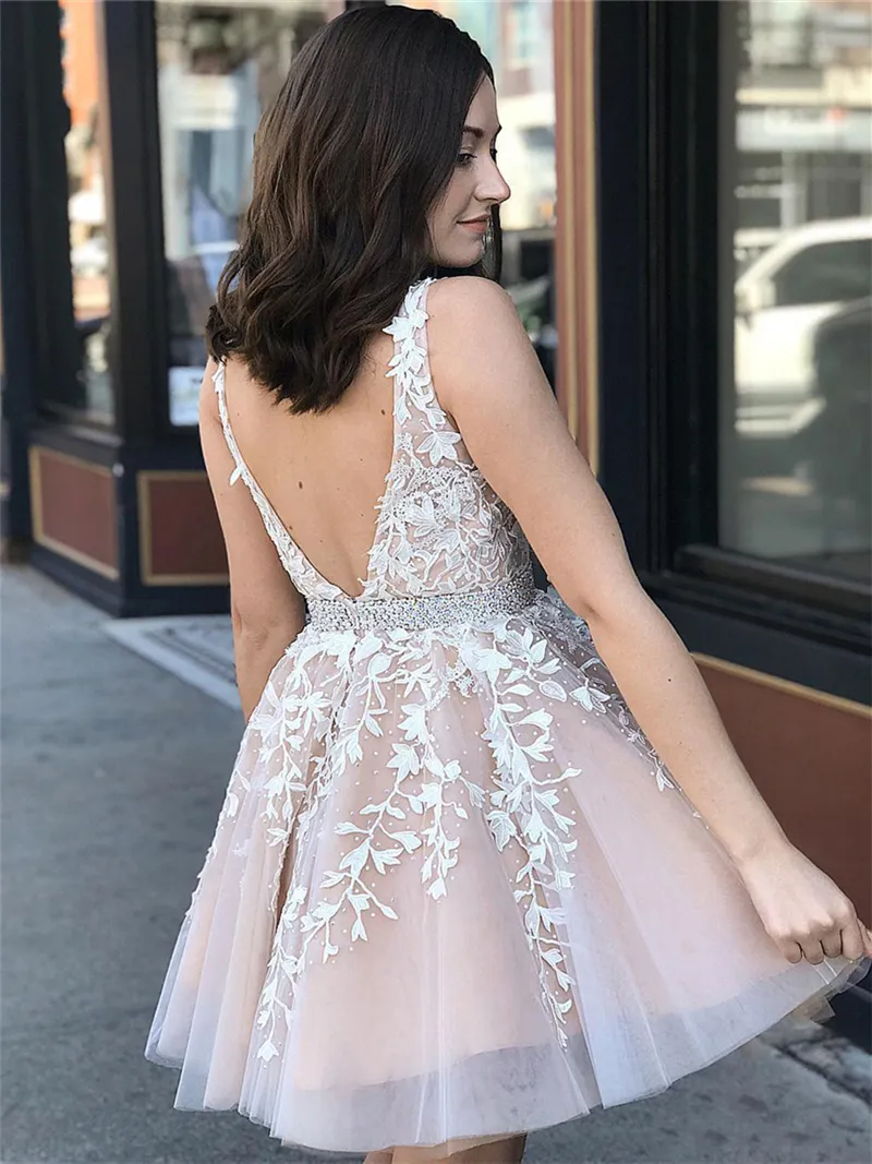 V Neck Lace A-Line Short Homecoming Dress with Tulle Applique Sequins  Crystal Beading Organza Fabric from Dhgate Homecoming Dresses - price 92.47