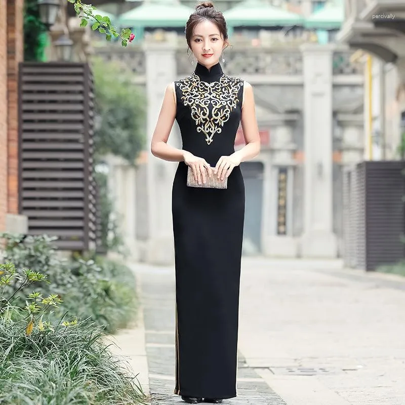 Ethnic Clothing Cheongsam 2023 Summer Black Long Style Mother Chinese Temperament Slim Etiquette Show Improved Dress Women's Evening