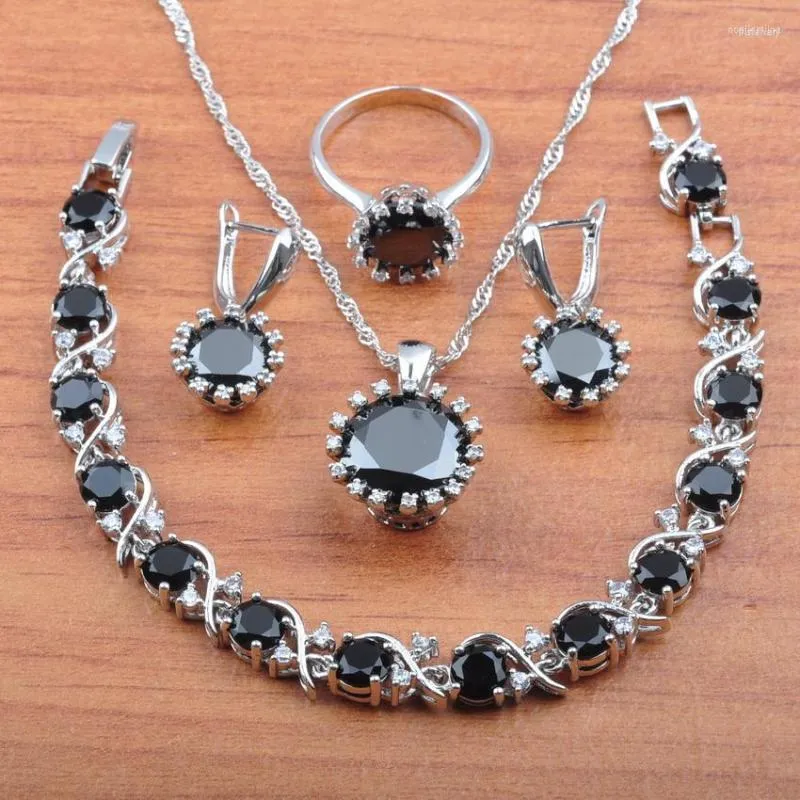 Halsbandörhängen Set 2023 Black Zirconia Silver Color Jewelry for Women Pendant Rings Armband JS0528