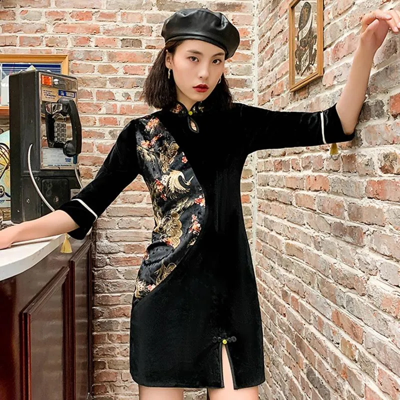 Ethnic Clothing Modern Chinese Cheongsam Qipao Women Velvet Patchwork Slit Dress Midi Elegant Dresses Black Sexy Oriental FF2508