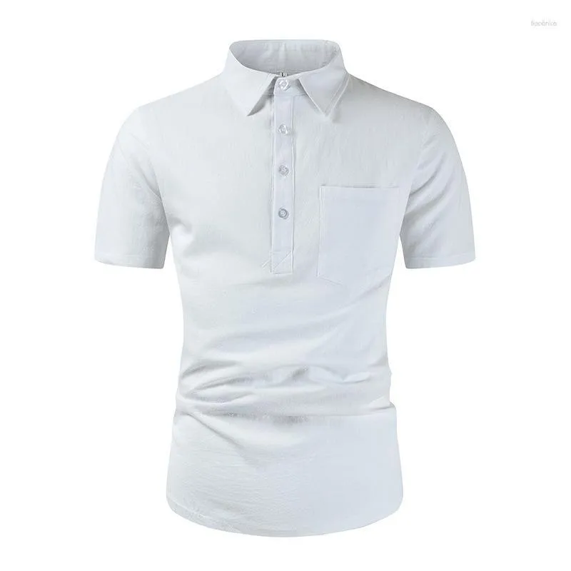 Mäns avslappnade skjortor Män 2023 Summer Men's Lapel Kort ärm Loose Button Down Shirt White Blue Cotton Solid Color Polo för män