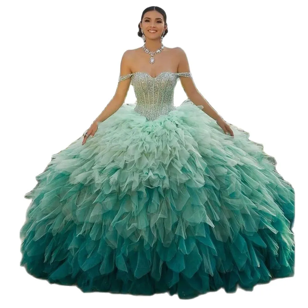 Renkli Macaron Quinceanera Elbiseler Kapalı Omuz Boncuk Tatlı 15 Elbise Ruffles Tiere Balo Elbisesi vestido para 16 anos