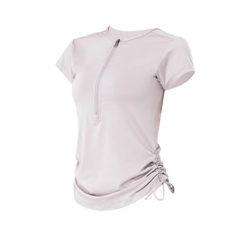 Европейская и американская спортивная футболка с короткими рукавами и застежкой-молнией, женская облегающая беговая тренировка на шнуровке, быстросохнущая футболка, тонкая одежда для йоги, летний топ