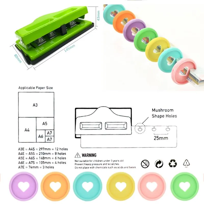 Beads Fromthenon Discbound Hole Punch Mushroom Shape 1/4 Ring Holes Paper Puncher for A4a5a6 Disc Bound Notebook Scrapbooking Binding