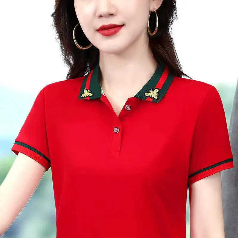 2023 Summer Womens Embroidered Polo Shirt Solid Short Sleeve Sport