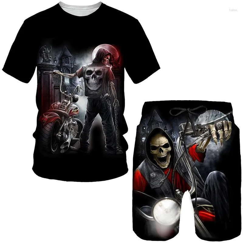 Męskie koszulki T-shirt Set Set-okrągłe szyję Set Skull 3D Printing Shorts Unisex Fashion Street Sport Sports krótkie rękaw