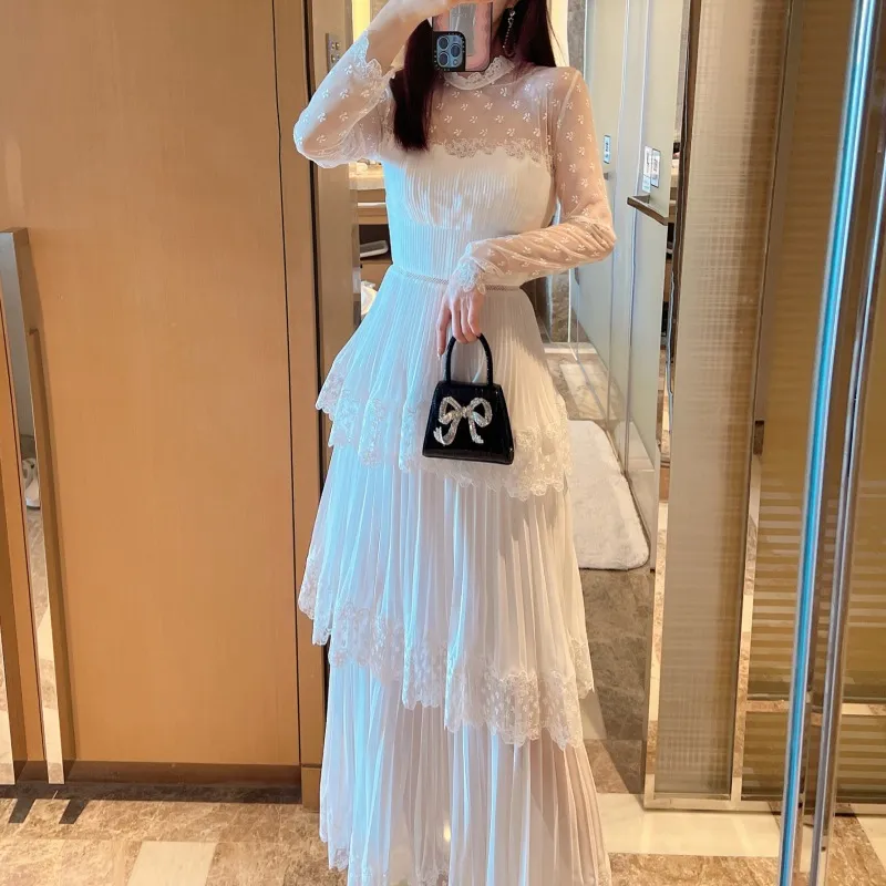 AuthS-elf Portrait Renda Bordada Chiffon Manga Longa Caution Machine Vestido Slim Fit Cintura Alta