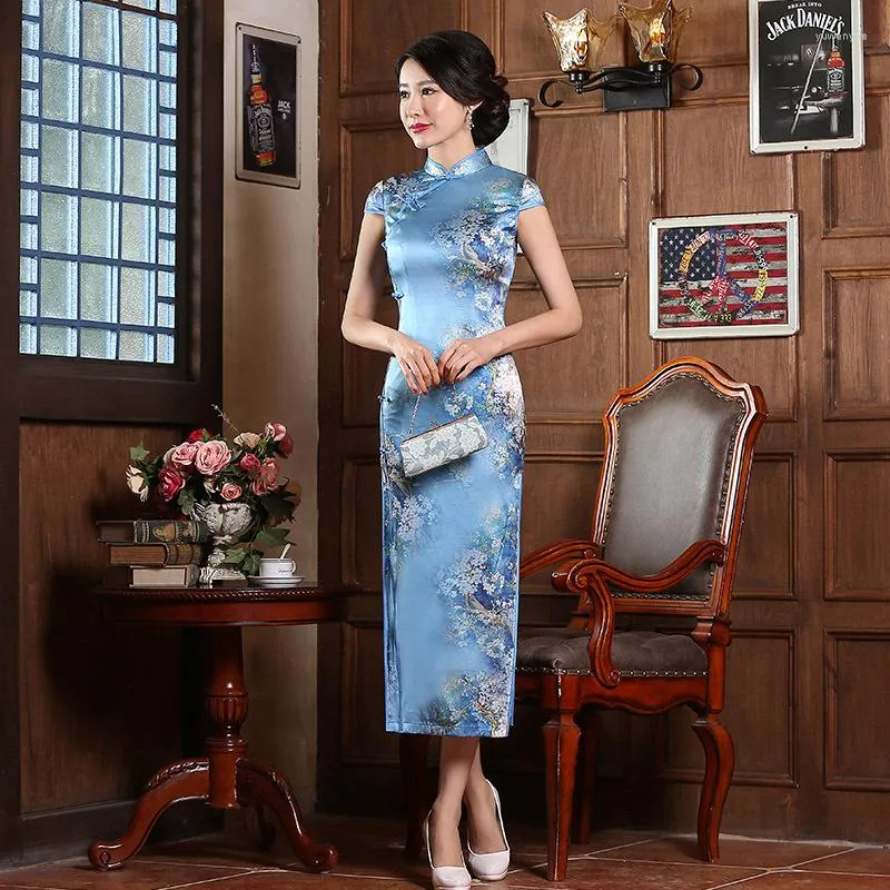 Vêtements Ethniques Printemps Soie Cheongsam En Gros Longue Robe Traditionnelle Chinoise Impression Fleur Sans Manches Qipao Hautes Fentes Soirée 18