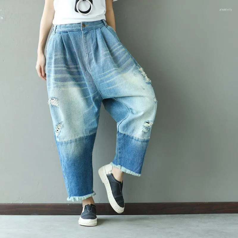 Women's Jeans Women Drop Crotch Denim Pants Hippie Punk Ripped Boho Spliced Ankle-length Cross Trousers Boyfriend Harem G060601