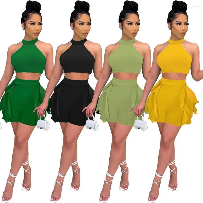 Women's Tracksuits Sexy Halter Backless 2 Piece Shorts Sets Women Crop Top And Edible Tree Mini Summer Club Outfits Matching Suits