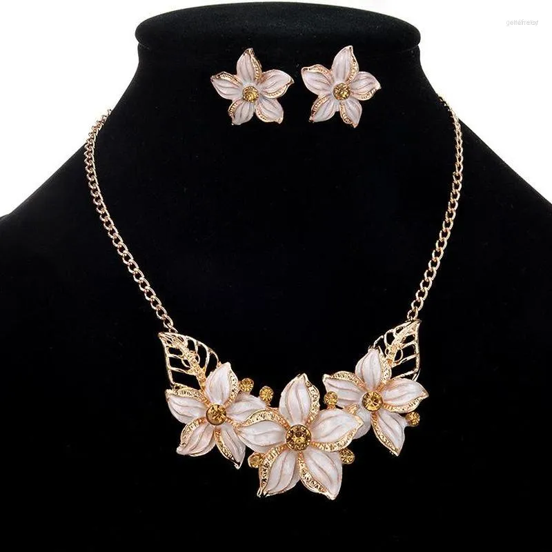 Chaînes émail ensembles de bijoux mode géométrique cercle femmes accessoires cristal fleur Costume collier boucle d'oreille ensemble