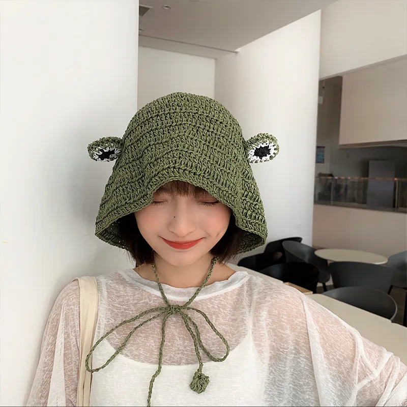 Japan Kawaii Monster Fisherman Hat Frogs Foldbar Kvinnlig halmvävning Bucket Hat Summer Sun Protection Fashion Women Beach Cap