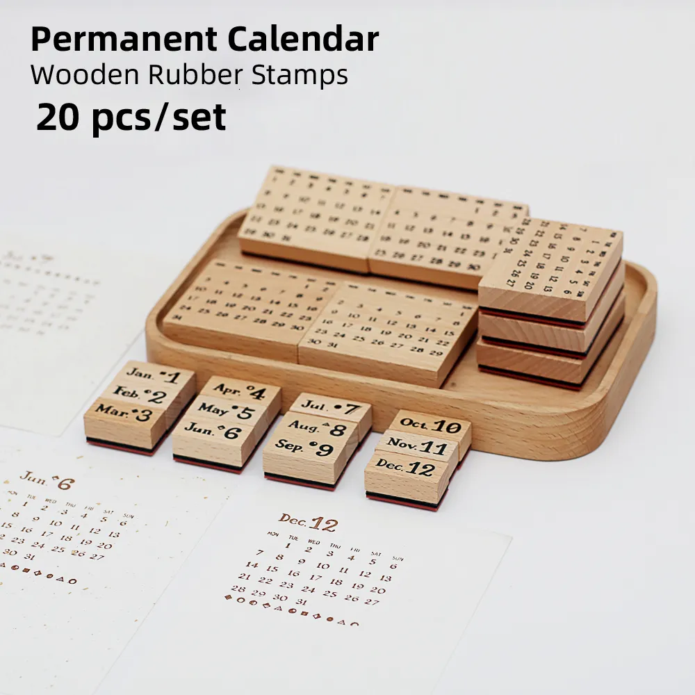Frimärken yoofun 20 pcset permanent kalender trä gummi scrapbooking dekoration kula journaling diy hantverk standard stämpel 230627