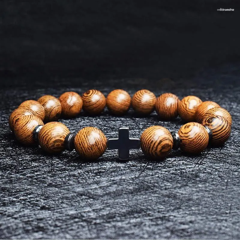Strang Männer Natürliche Holz Perlen Kreuz Armbänder Onyx Meditation Gebetskette Armband Frauen Holz Yoga Schmuck Homme