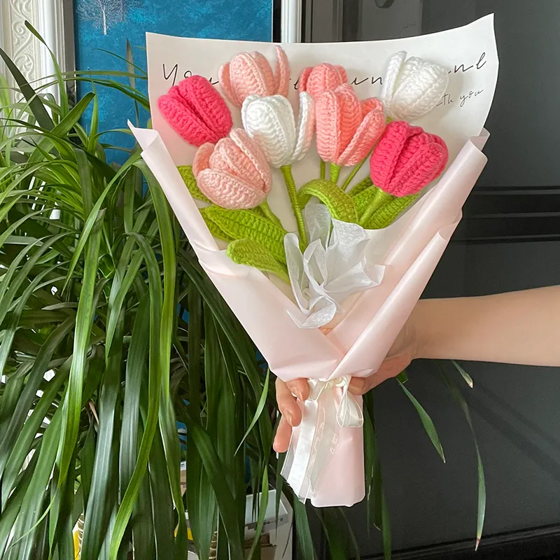 Gedroogde bloemen Eindproduct Breien Bloem Boeket Tulp Roos Nep Bloemen Bruiloft Decoratie Handgeweven Huis Versieren Handleiding Bloem Geschenken 230627