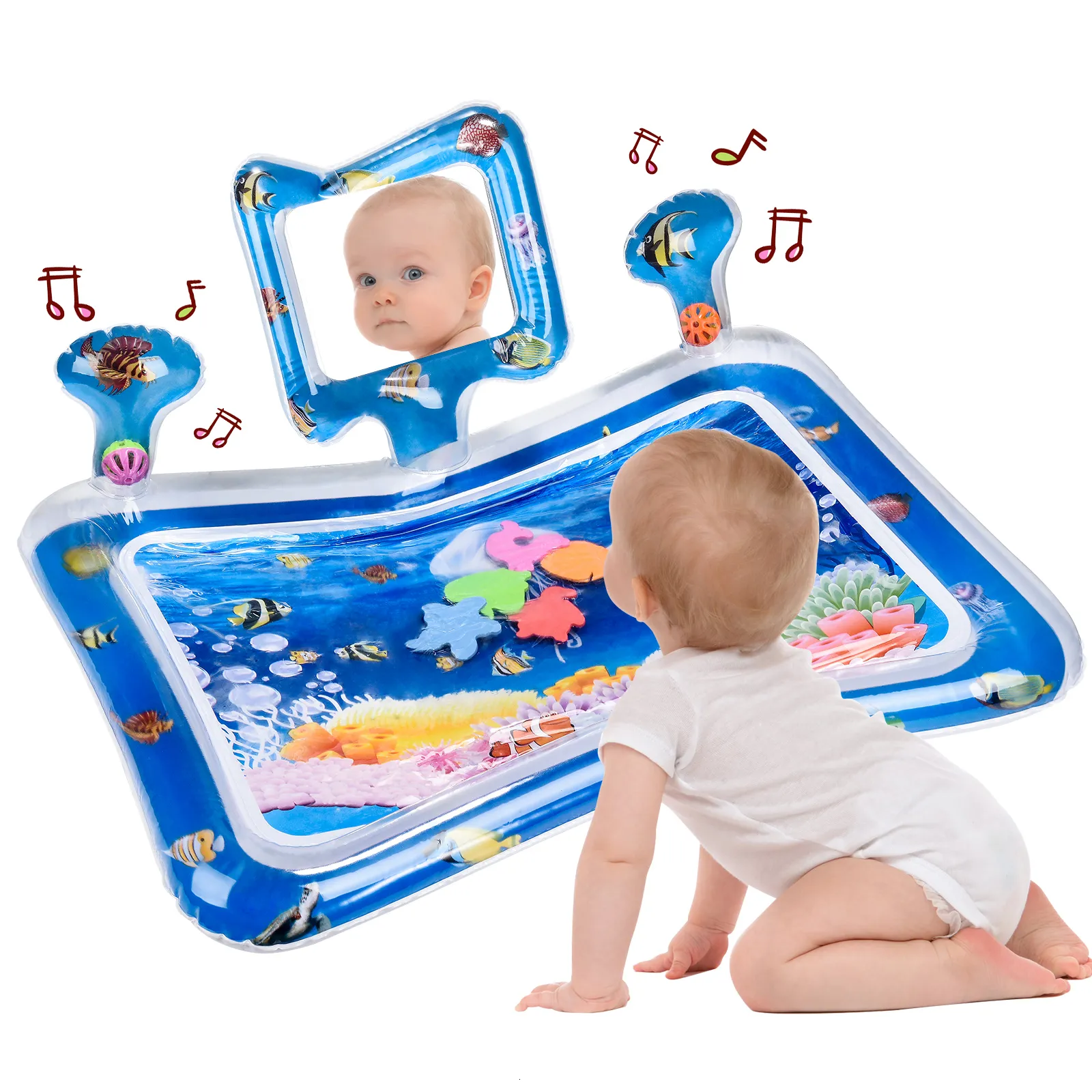 Sand Play Water Fun Baby Water Mat for Infants Toddlers Inflatable Play Mat with Mirror Rattle Buzzer PVC Fun Play Activity Center Tummy Time Toys 230626