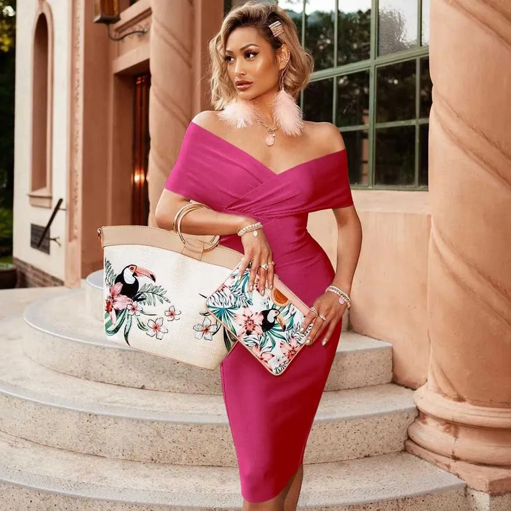 pink off the shoulder bandage dress Selene Off Shoulder Bandage Mini Dress - Magenta