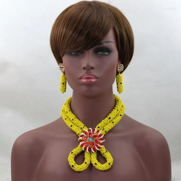 Collier boucles d'oreilles ensemble mode cristal africain Costume de mariée mariage nigérian perles jaunes bijoux ALJ540