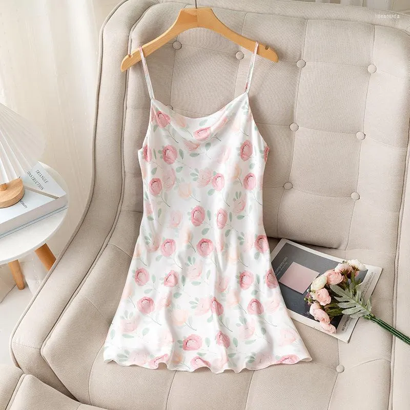 Women's Sleepwear Women's White Nightgown Summer Home Clothing Intimate Lingerie Sexy Lace Nightdress Satin Print Flower Homewea