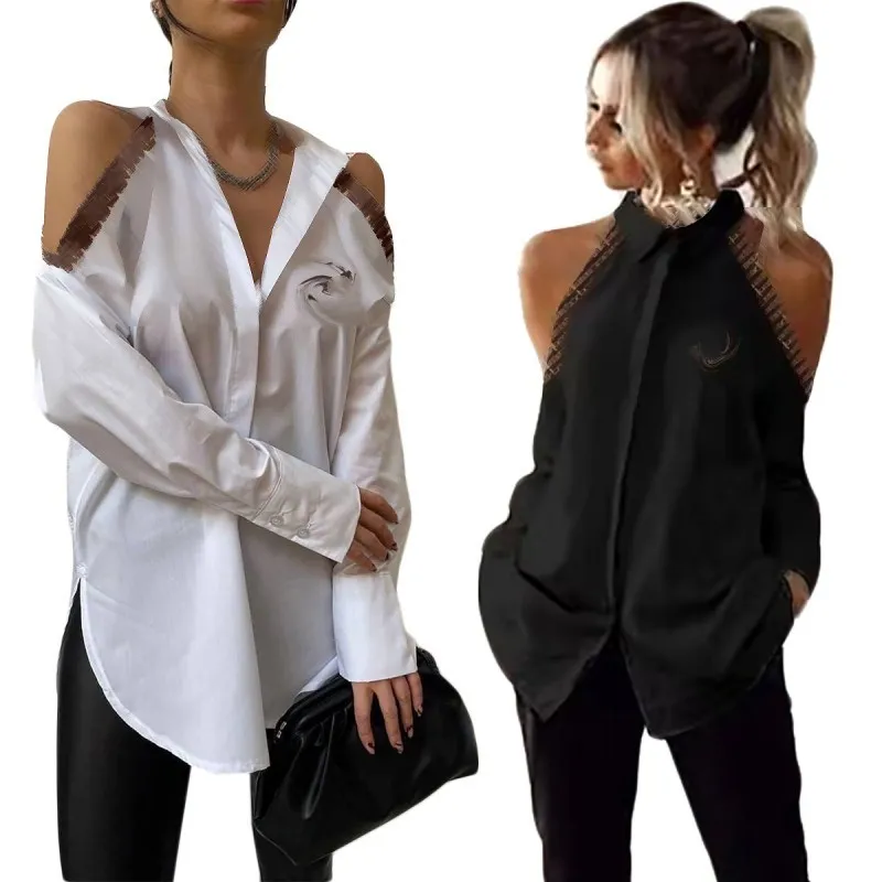 Casual Dress Houzhou Black and White Slim Shirt Dress Kvinnlig sexig off-the-axel Hög midja Fashion Chic Mini Long Sleeve 2023 Spring/Summer