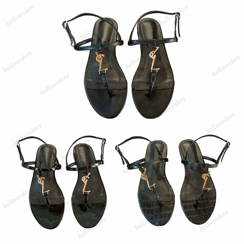 CASSANDRA Patent Leather Flat Sandals With Gold Lettering Logo flip-flops Rubber Sole With Web Strap Women Slippers Big Size 43