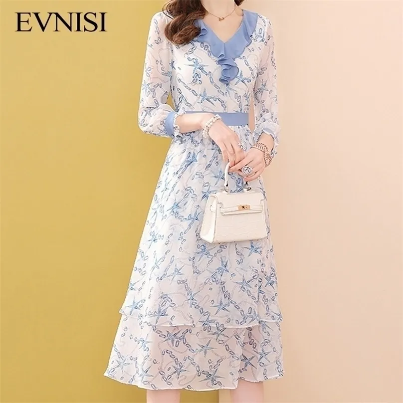 Evnisi Blue Floral Chiffon Dress Women Spring and Summer Fashion Fruffled Collar Dressesエレガントなアラインベスティドス220526