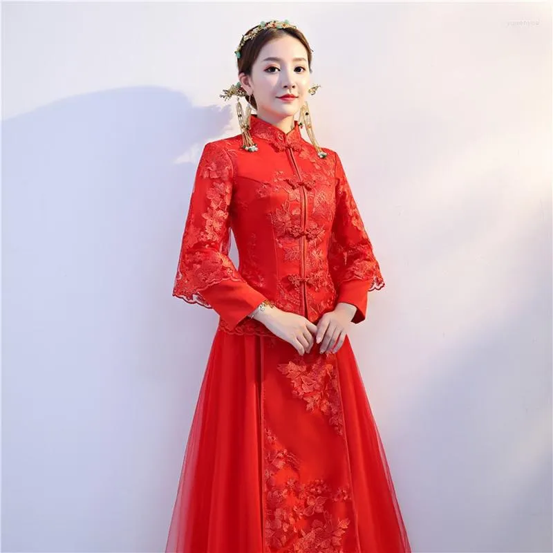 Vêtements ethniques rouge traditionnel chinois robe de mariée 2023 hiver à manches longues col Mandarin broderie femme Cheongsam robe FF1799