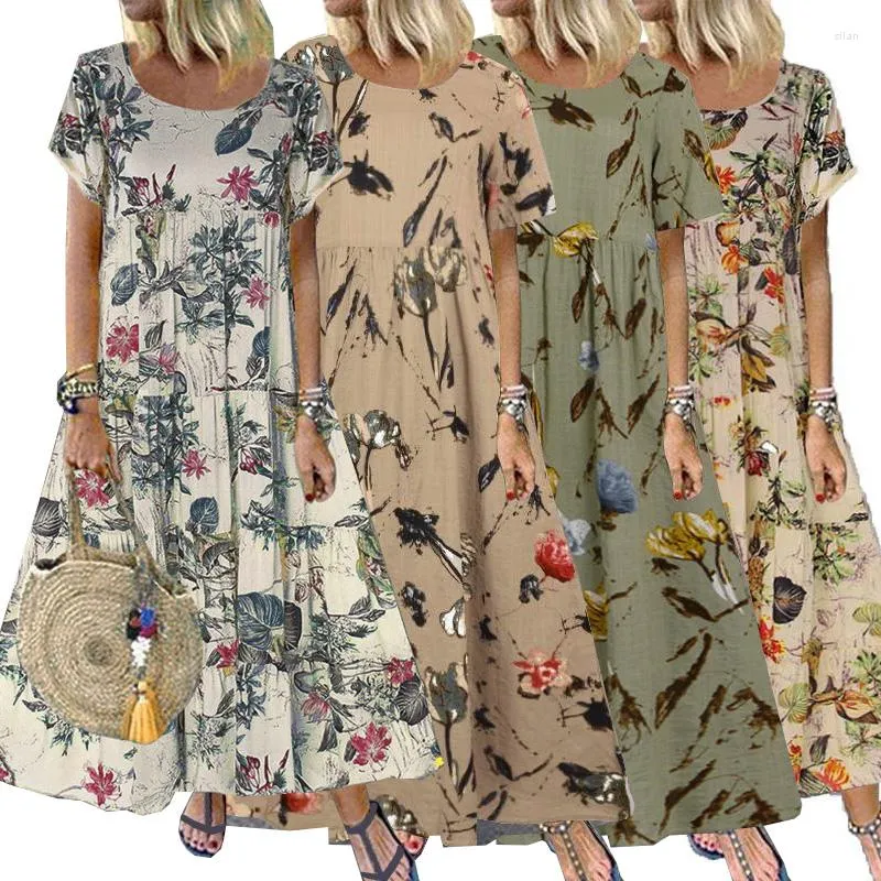 Casual Dresses Plus Size Womens Floral Boho Maxi Dress Short Sleeve Summer Kaftan Long Sundress A-Line Overall