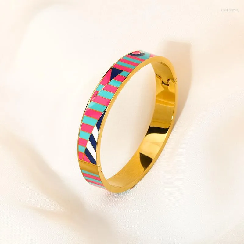 Bangle 18K Gold Plated Enamel Abstract Art Graffiti Colorful Geometric Stainless Steel Bracelet For Women Fashion Trendy Jewelry