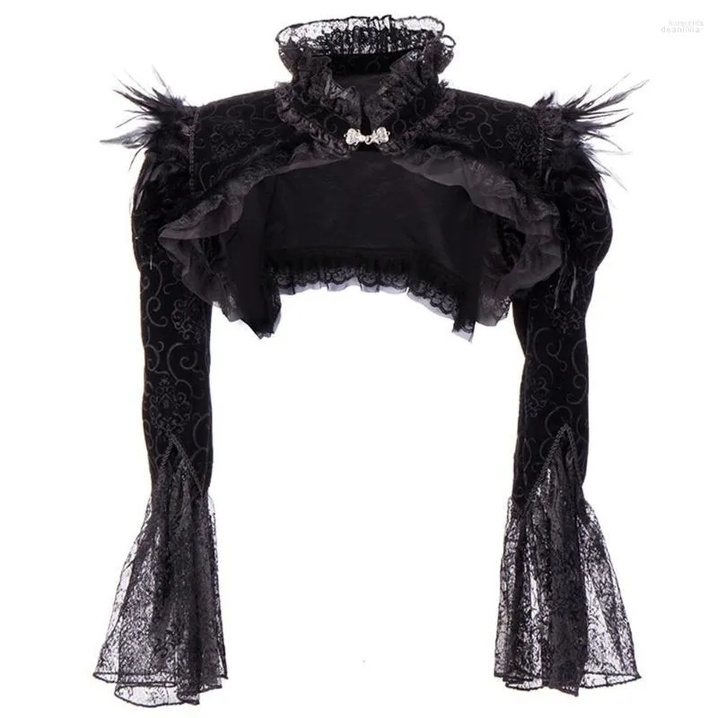 Women's Jackets Women's Gothic Black Top For Women Sleeveless Vest Shawl Jacket Feather Stand Collar Trumpet Sleeve Slim Royal