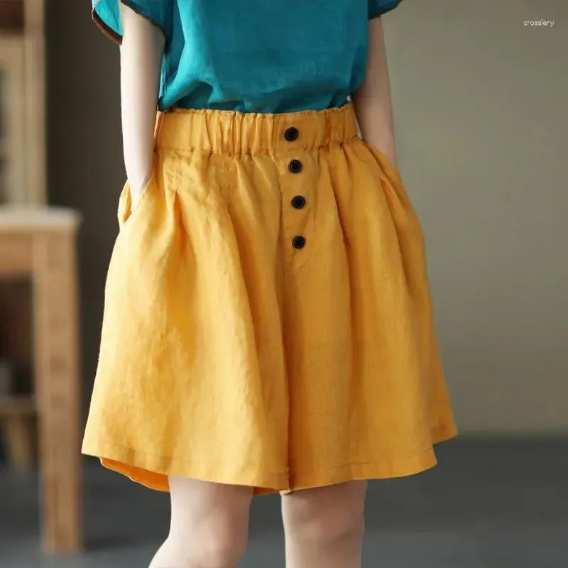 Women's Shorts Lady Buttons Solid Color Home High Waist Casual Women's Medium Short Pants Summer Fashion Cotton And Linen Loose