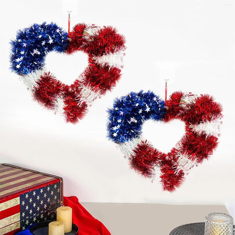 Dekoratif Çiçekler Kalp Şekli Çelenk Amerikan Tarzı Kırmızı Beyaz Ve Mavi Parlak Çelenk Duvar Asılı Bağımsızlık Günü Vatansever Dekorasyon