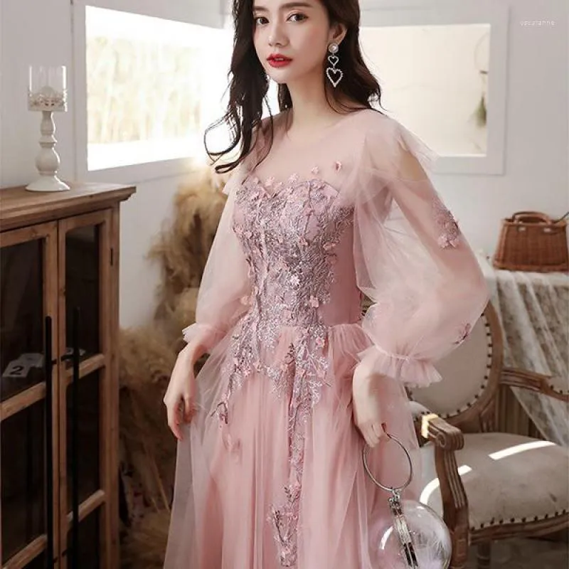 Ethnische Kleidung Rosa Elegantes Temperament Berühmtheit Formelles Partykleid Applikationen Laternenärmel Bankett Abend Weiblich Mesh Cheongsam