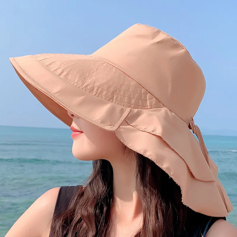 女性のための夏の帽子夏の首の保護太陽の帽子hats gorros ladies屋外サイクリングビッグブリムビーチハットポニーテールバケットハット