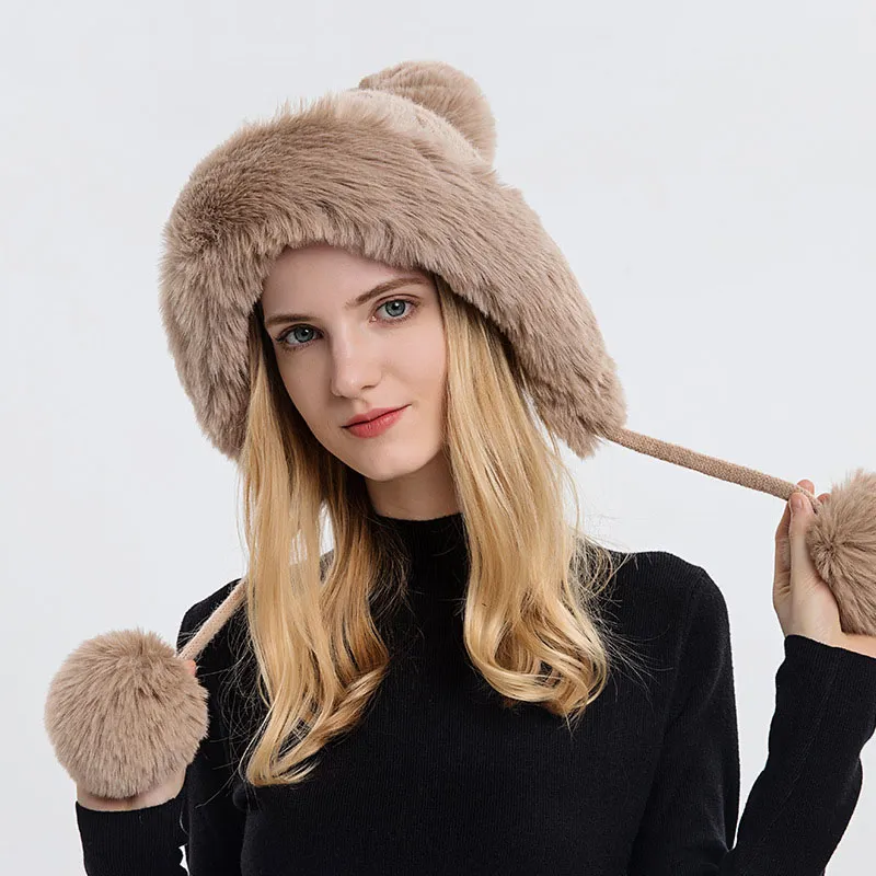 Hiver chaud tricoté chapeau fourrure femmes chapeau avec oreillette deux boules dame extérieur épaissir peluche moelleux seau casquette russe chapeaux pour femmes