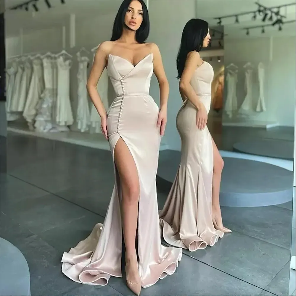 Champagne Mermaid Prom Dresses V-Neck Evening Dress Side Split Elengant Party Gown Fashions Outfits Vestidos De Fiesta robe de soiree Custom Made