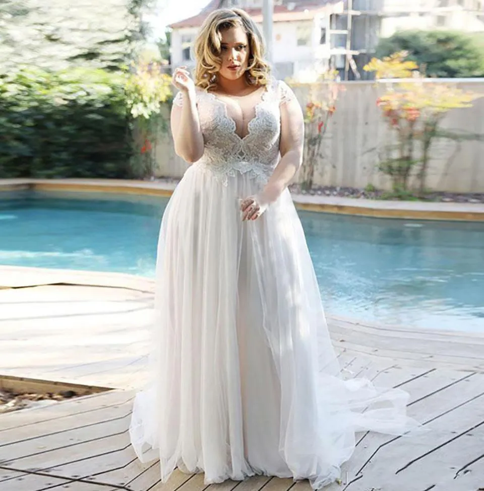 Sexy V Neck Plus Size Wedding Dresses Lace Capped Sleeves Vestidos De Novia A Line Tulle Wedding Bride Formal Gowns