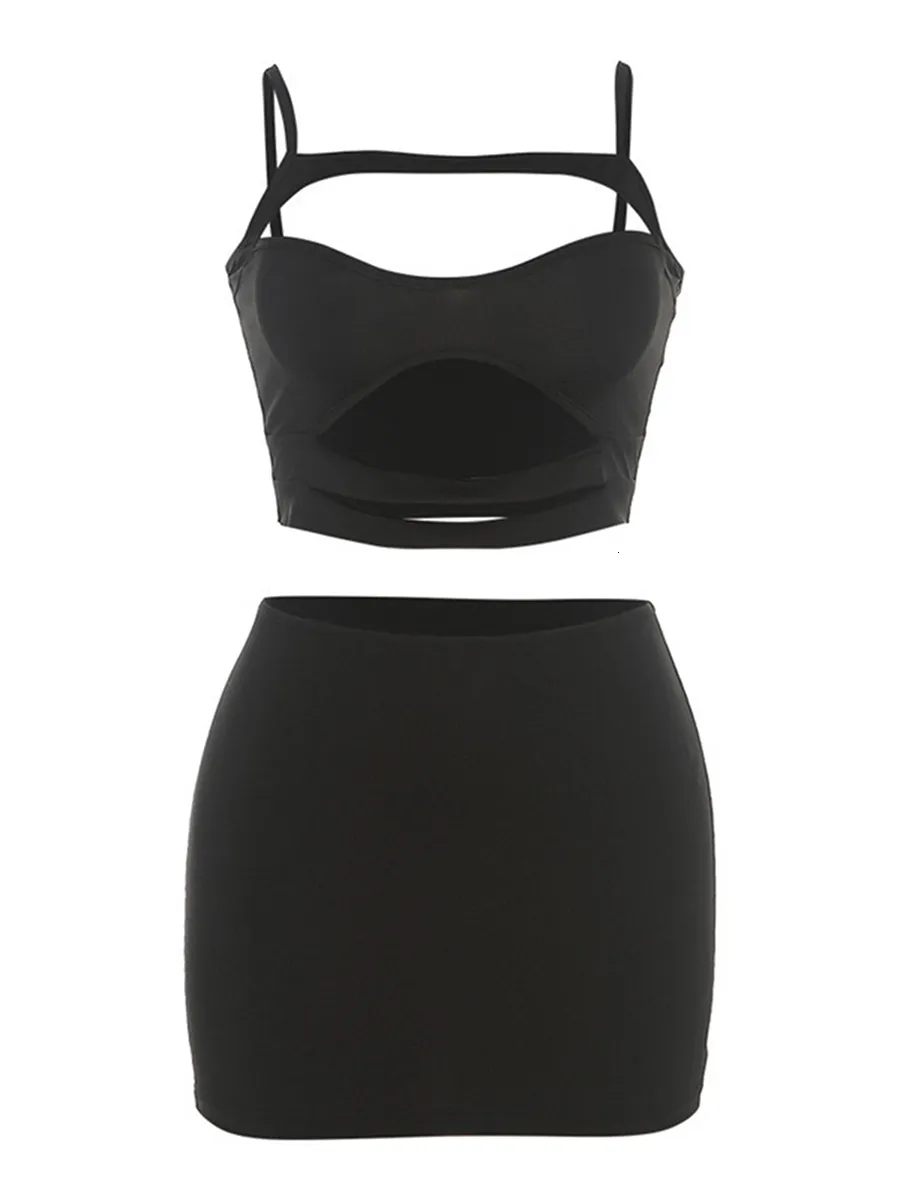 Tvådelt klänning Stylish Twopiece Set Sleeveless Crop Top med utklippsdetaljer och elastisk minikjol Perfekt för strandkläder Estetik 230627