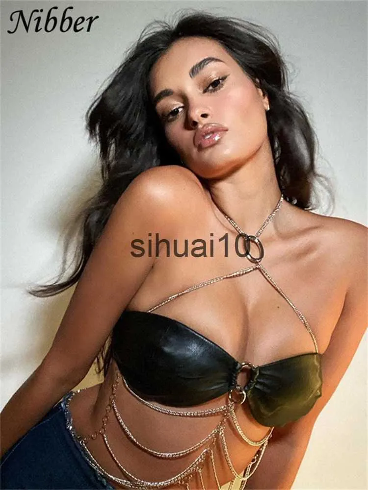 Women's T-Shirt Nibber Sexy Exotic PU Leather Bikini Chain Halter Design Solid Color Camisole For Hot Women Party Night Clubwear 2021 New J230627