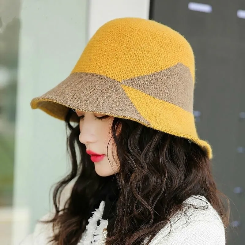 Sarı Şapka Kadın Kore Tarzı Kalın Sıcak Rüzgar Geçirmez Kış Kova Şapka Yün Örme Balıkçı Şapkalar Kadınlar için