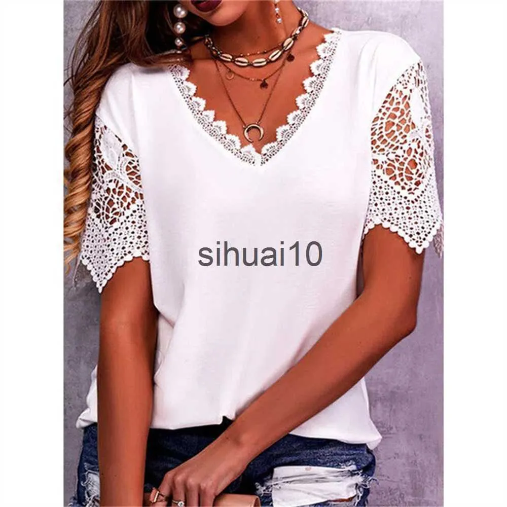 Women's T-Shirt Summer New Lace Stitching Petal Sleeve V-Neck Short-Sleeved T-Shirt Women's Fashion Casual Loose Solid Color Vintage Blouse Tops J230627