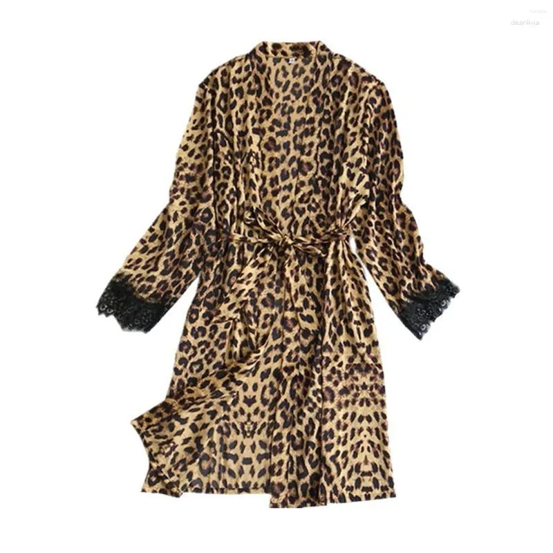 Kvinnors sömnkläder Kvinnors satin Silk Pyjamas Robe Kvinnlig underkläder Sexig Leopardtryck Brudbröllop Kimono Bathrobe Gown Nightgown