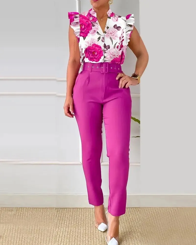 Ensemble 2 Pièces Femme Bureau Élégant – Chemisier Manches Longues + Pantalon Large – Printemps