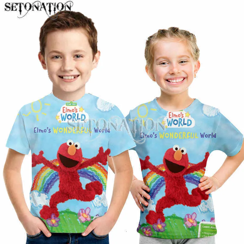 T-Shirts Kawaii Sesame Street Elmo Jungen Kinder Hochwertiges 3D-Druck-T-Shirt O-Ausschnitt Hemdärmel Kinderkleidung Lässige Geburtstagsoberteile 230626