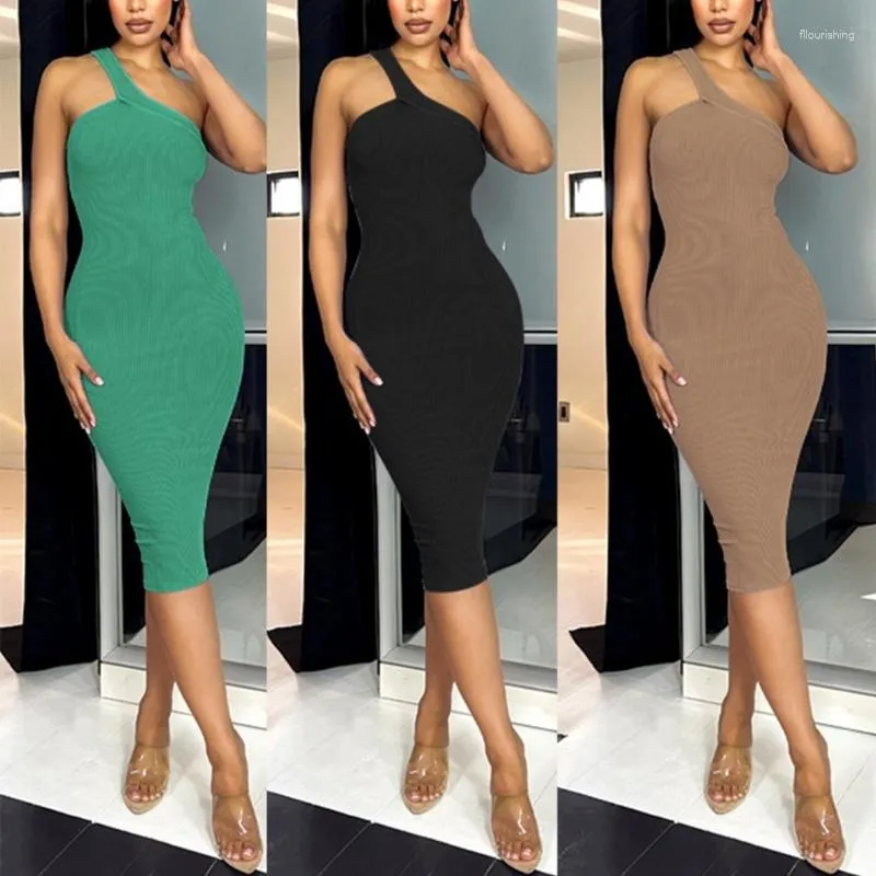 Casual Dresses Womens One Shoulder Dress Sleeveless Ribbed Knit Slim-Fit Bodycon Midi