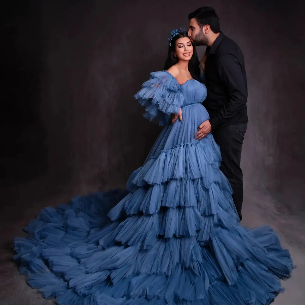 Vestido de festa de maternidade de tule fofo em camadas, sessão de fotos com divisão frontal, malha em camadas, namorada, vestidos de fotografia para mulheres grávidas feitos sob medida