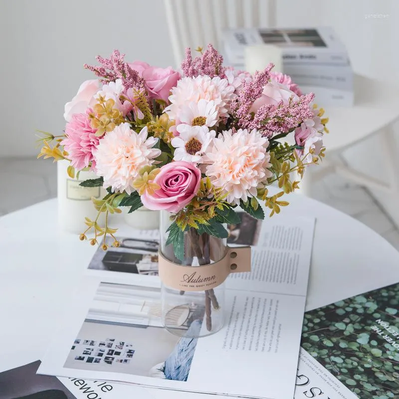 装飾的な花バラ人工花高品質の贅沢ブーケデイジーウェディングデコレーションホームテーブルスカイブルー偽のアジサイ