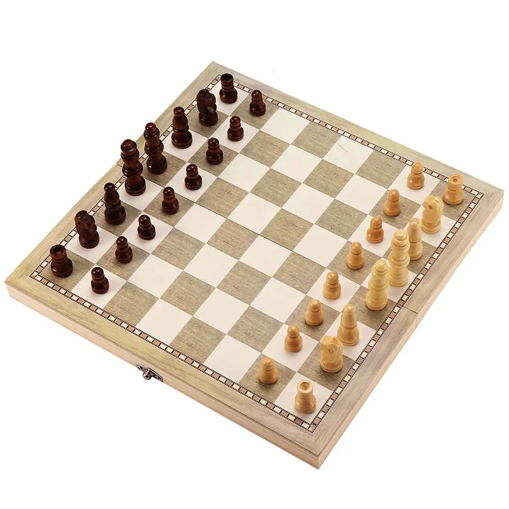 Jeux d'Échecs 3 en 1 en Bois Pliable à Voyage - Échecs Backgammon Dames
